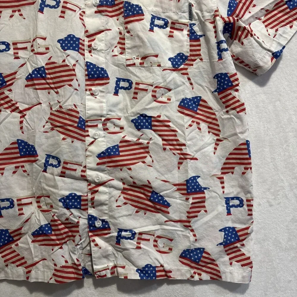 Columbia PFG American Flag Fish Shirt Men's Red White Blue Short Sleeve Large